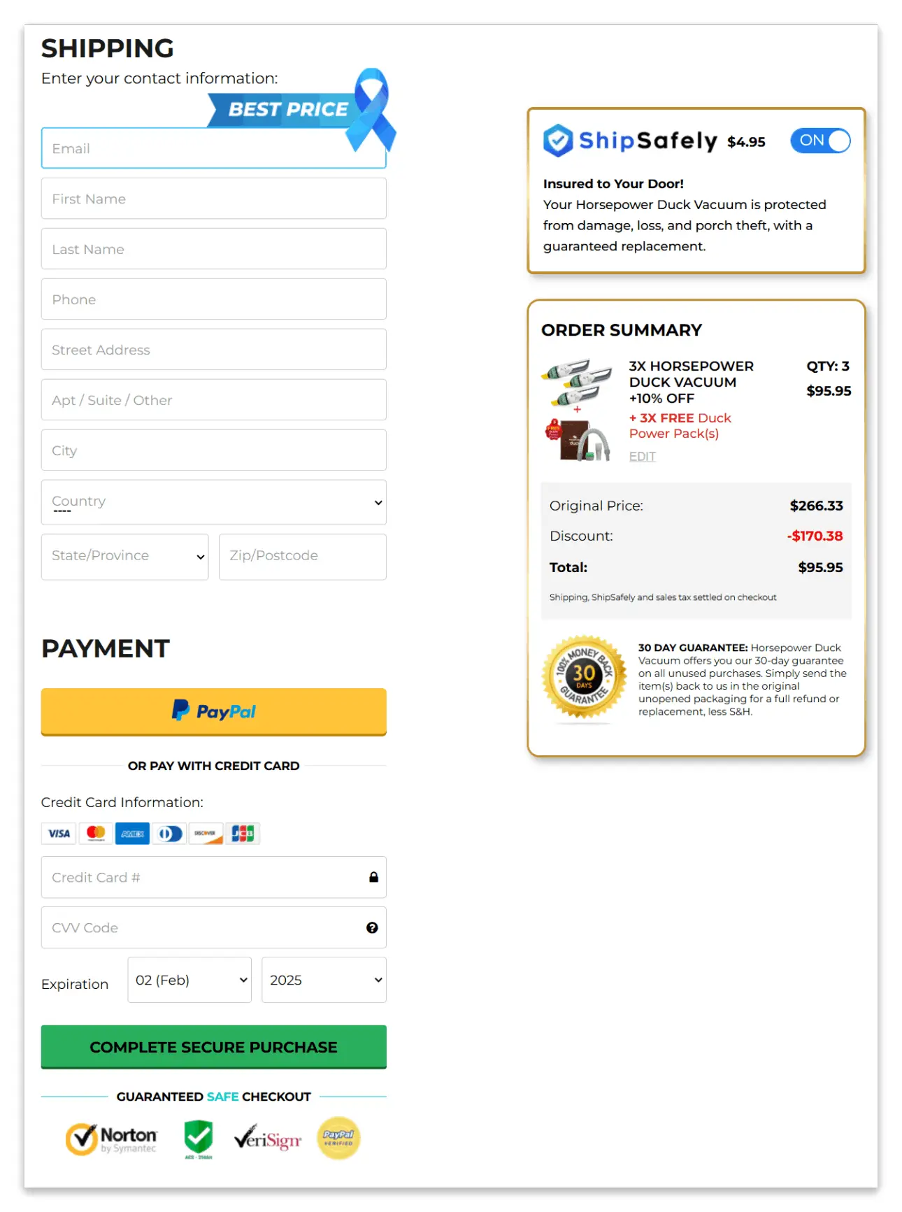 Duck Vacuum secure checkout page