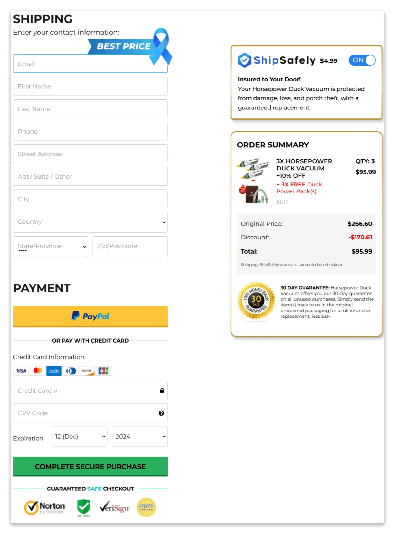 Horsepower Duck Vacuum secure checkout page